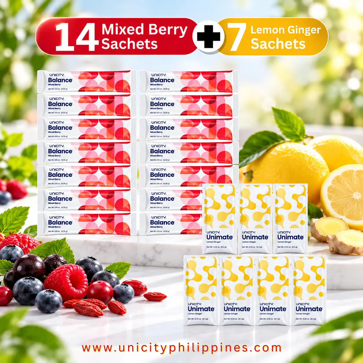 Unicity Feel Great 7-Day Trial Pack (14x Mixed Berry/ 7x Lemon Ginger)